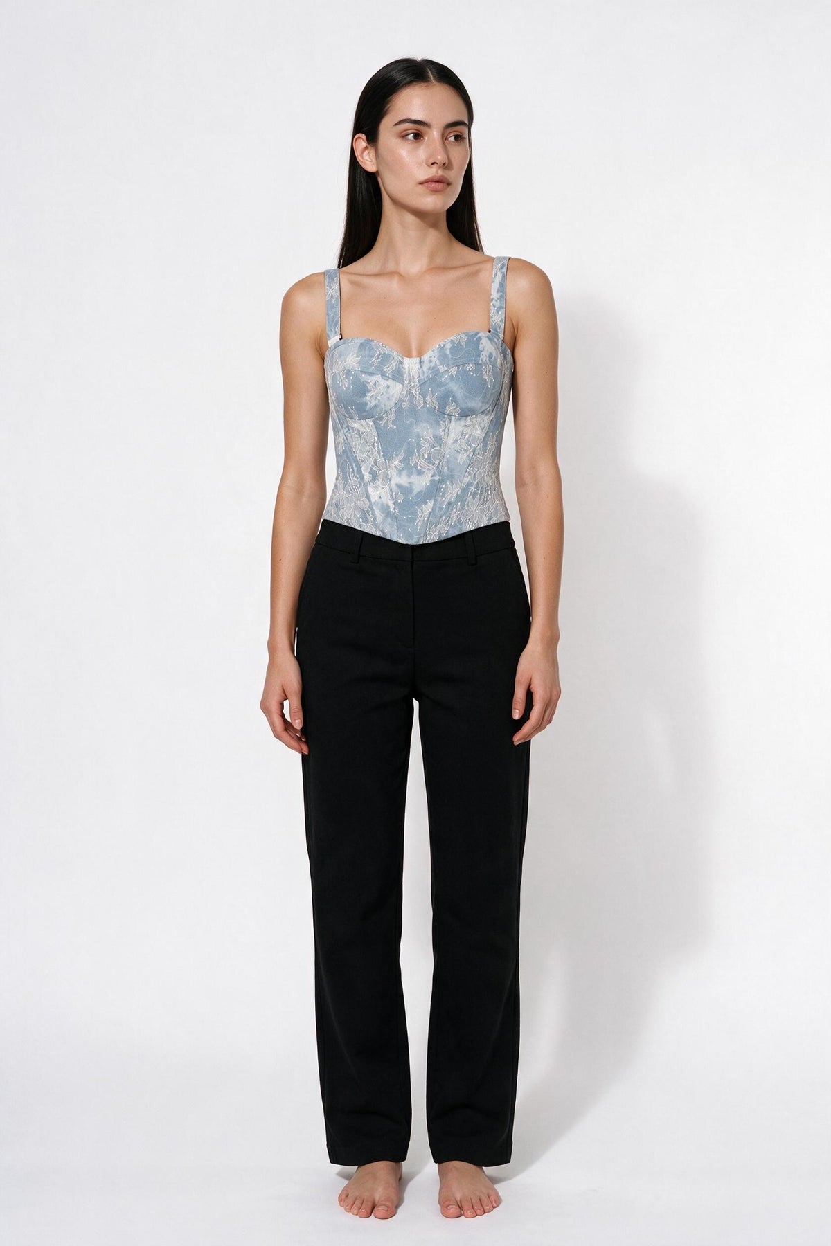 The Denim Lace Bustier in denim blue, front view