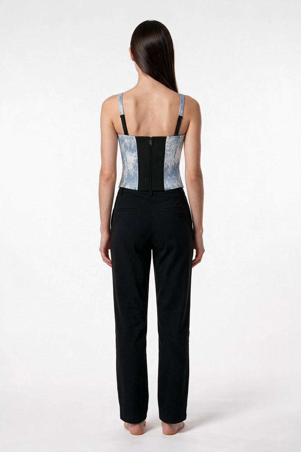 The Denim Lace Bustier in denim blue, back view