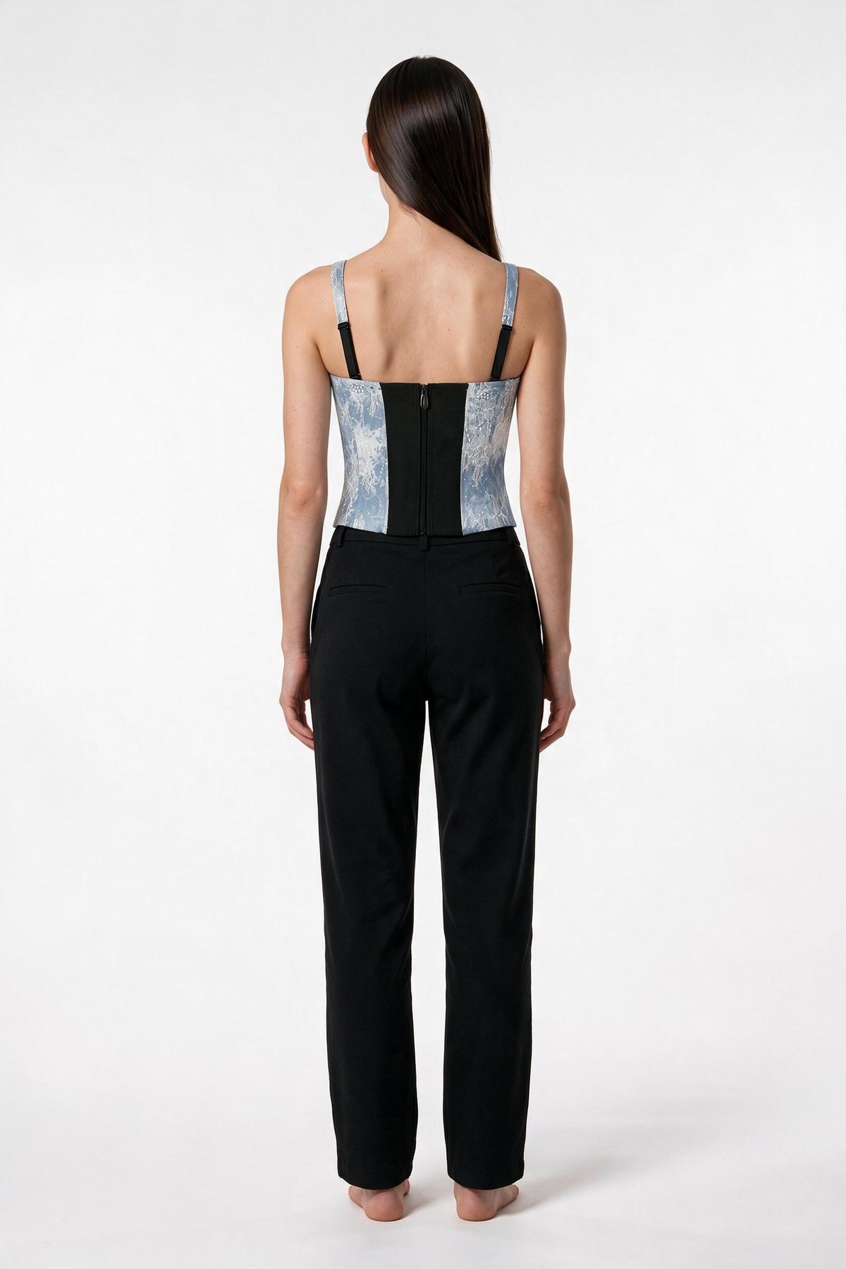 The Denim Lace Bustier in denim blue, back view