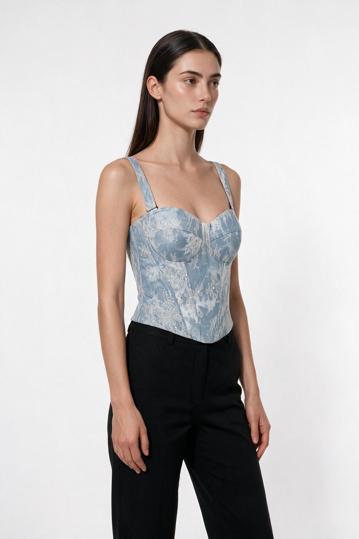 The Denim Lace Bustier in denim blue, side view