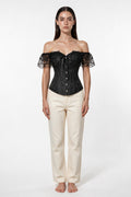The Off-Shoulder Lace Sleeve Corset Top in black, front view