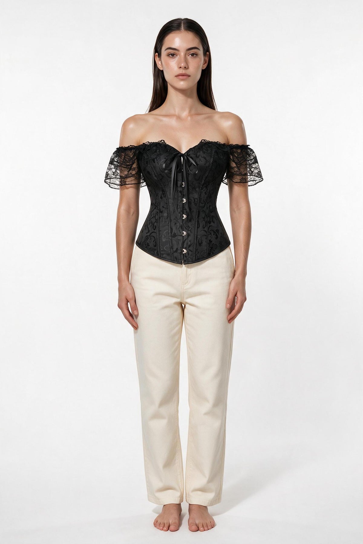 The Off-Shoulder Lace Sleeve Corset Top in black, front view