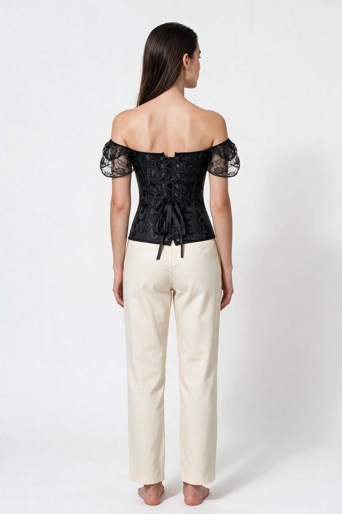The Off-Shoulder Lace Sleeve Corset Top in black, back view