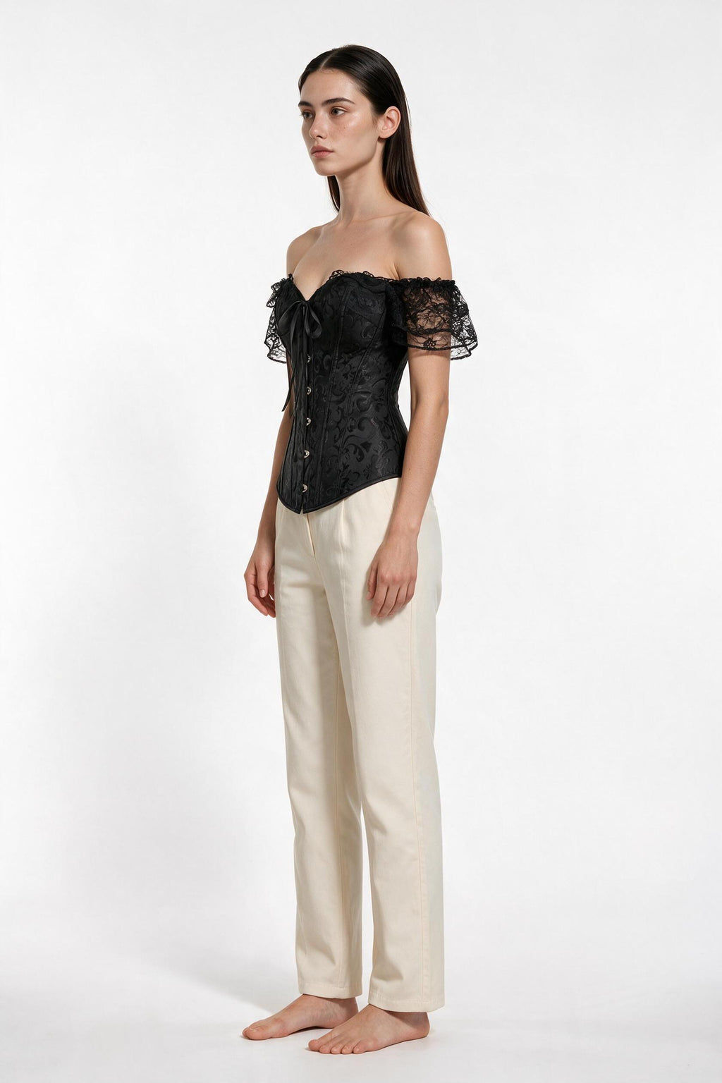 The Off-Shoulder Lace Sleeve Corset Top in black, side view