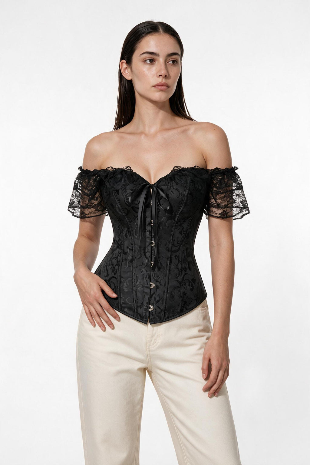 The Off-Shoulder Lace Sleeve Corset Top in black, three-quarter length view