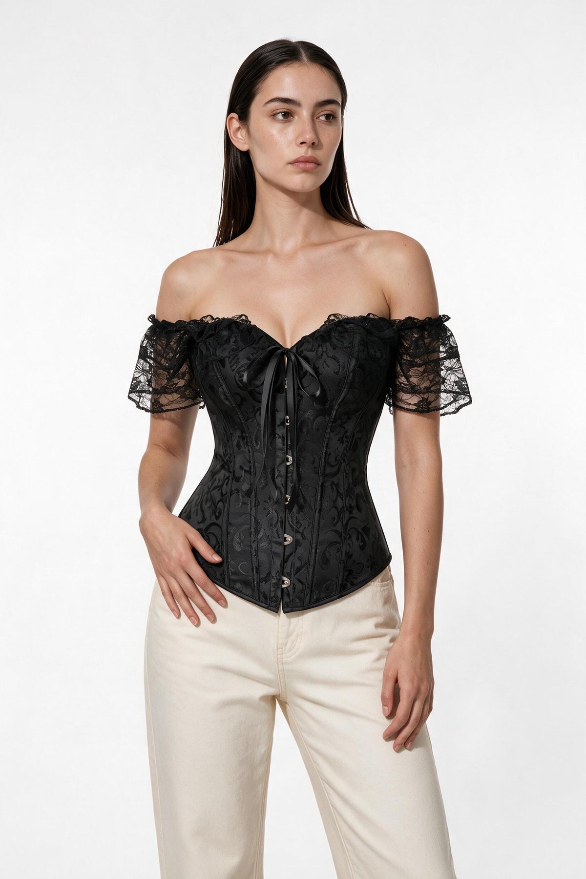 The Off-Shoulder Lace Sleeve Corset Top in black, three-quarter length view