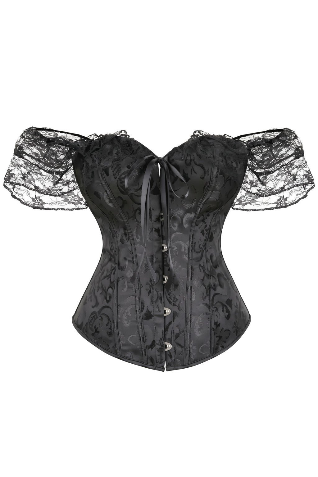 The Off-Shoulder Lace Sleeve Corset Top in black, product only
