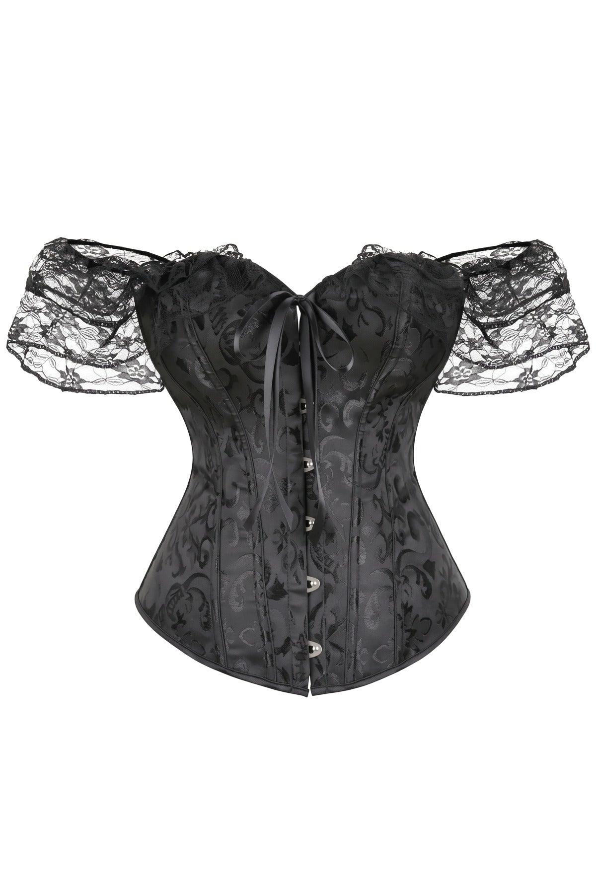 The Off-Shoulder Lace Sleeve Corset Top in black, product only