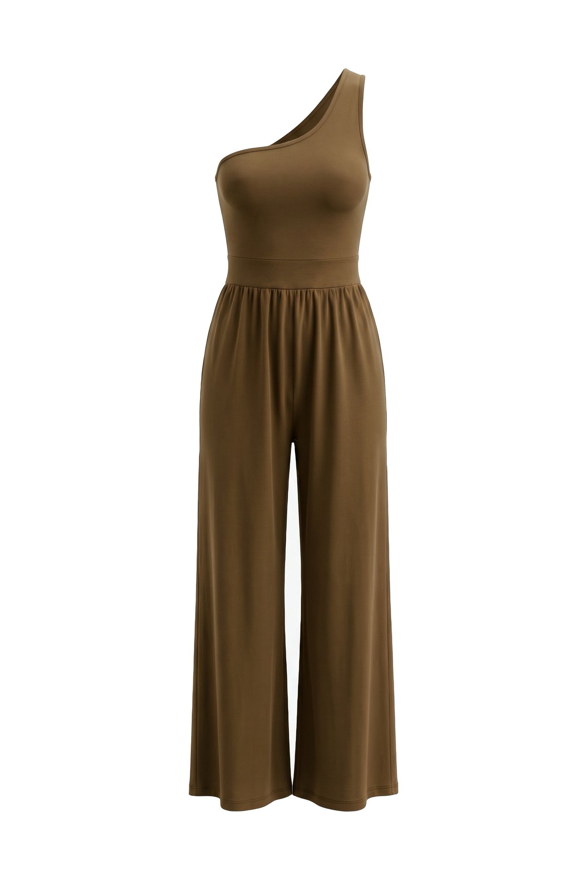 The One-Shoulder Wide-Leg Jumpsuit in dark brown, product only