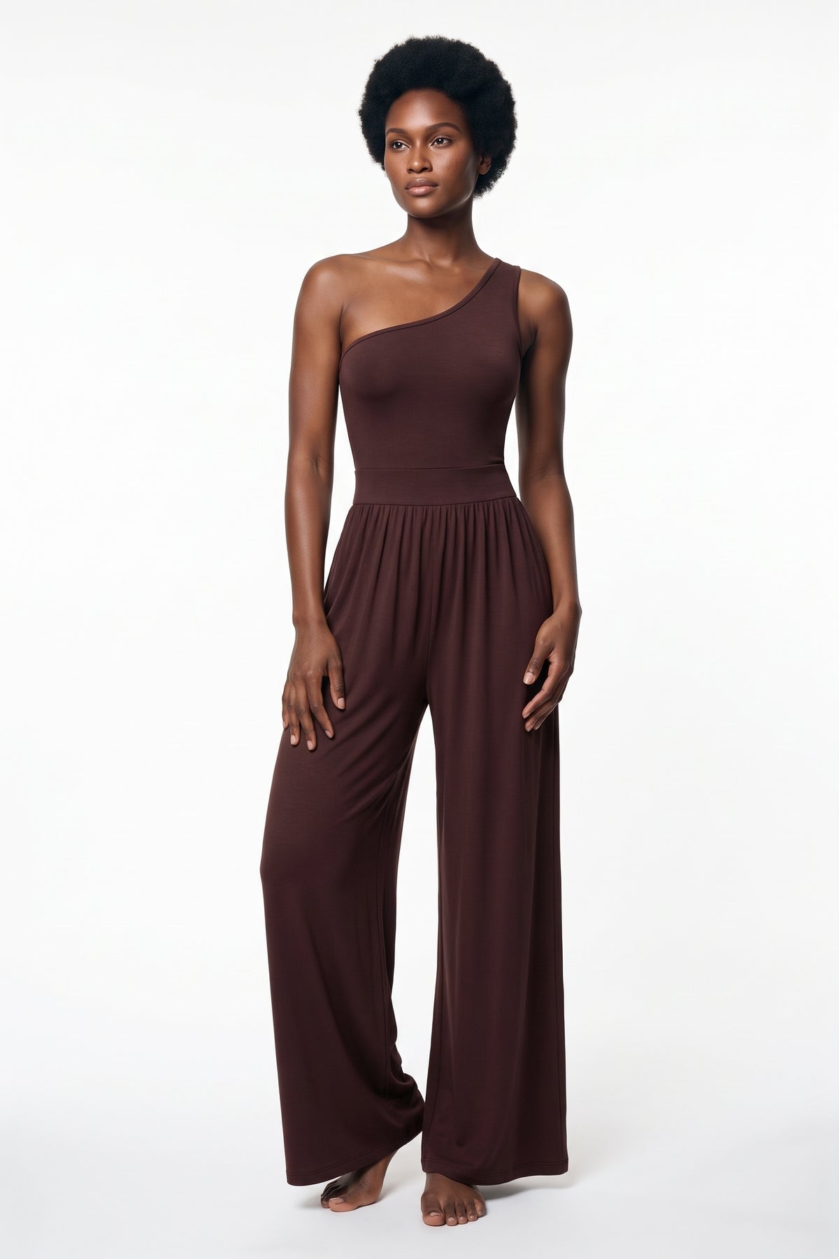 The One-Shoulder Wide-Leg Jumpsuit in burgundy, front view