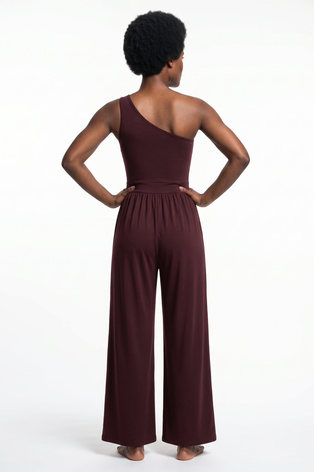 The One-Shoulder Wide-Leg Jumpsuit in burgundy, back view
