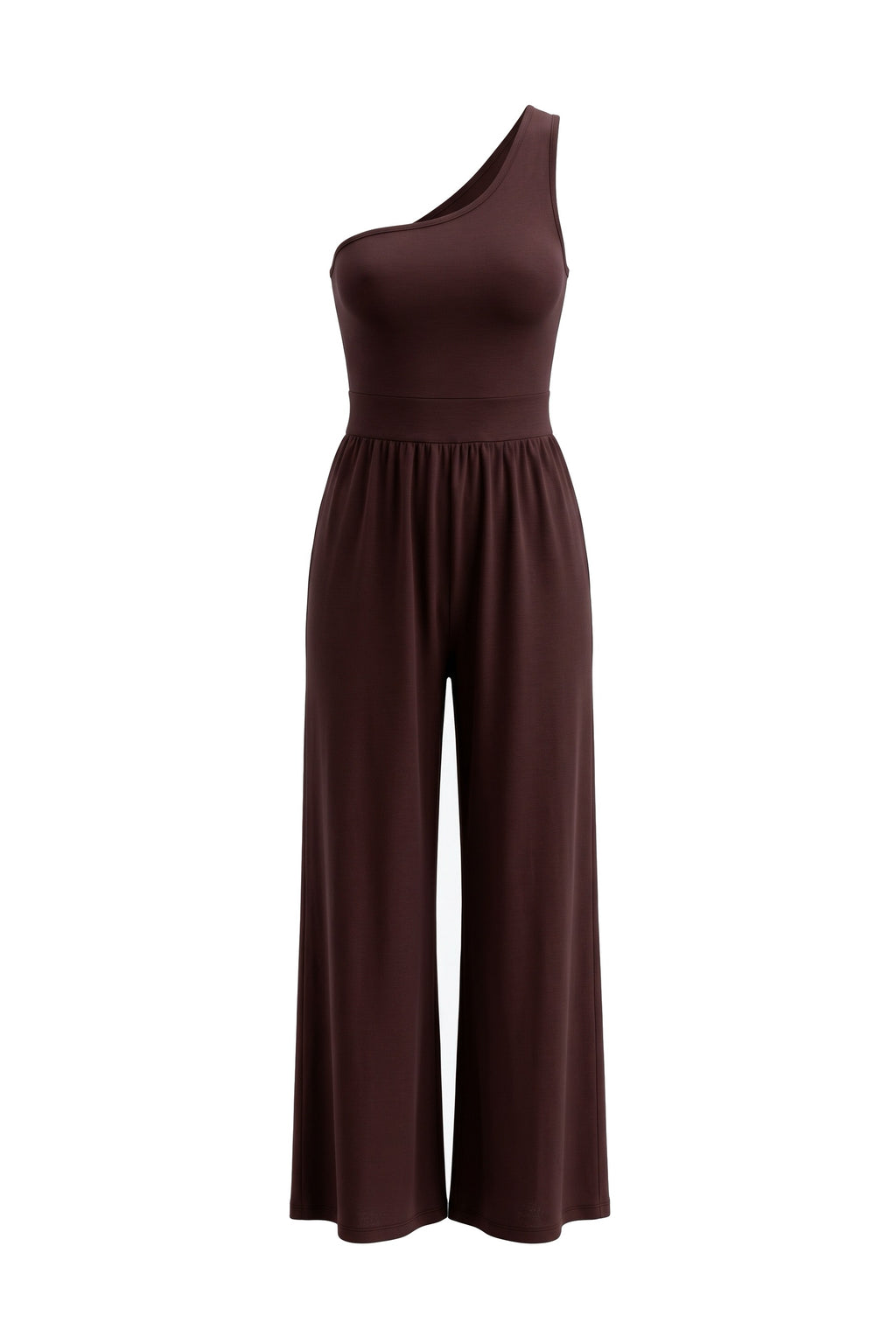 The One-Shoulder Wide-Leg Jumpsuit in burgundy, product only