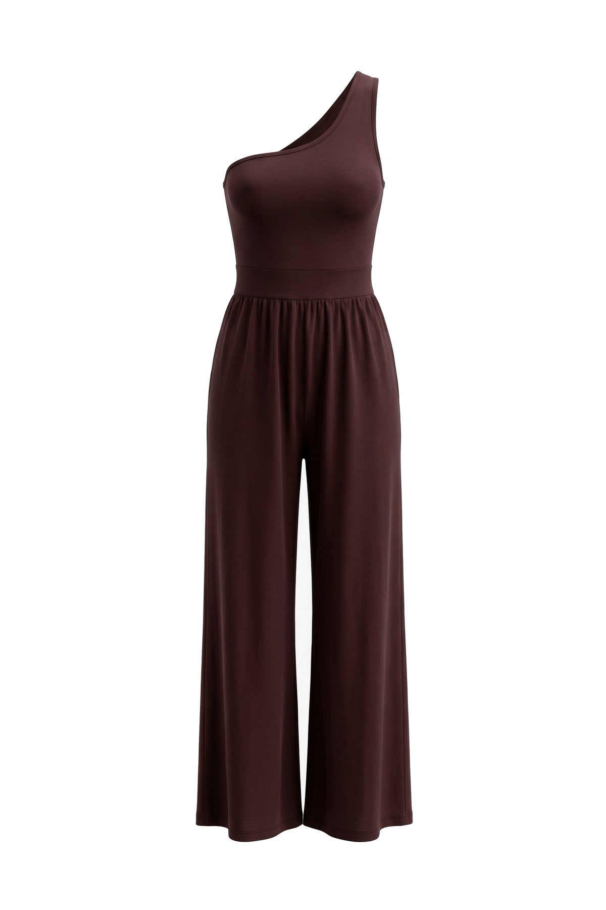 The One-Shoulder Wide-Leg Jumpsuit in burgundy, product only