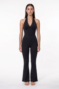 The Halter Lace Flare Jumpsuit in black, front view
