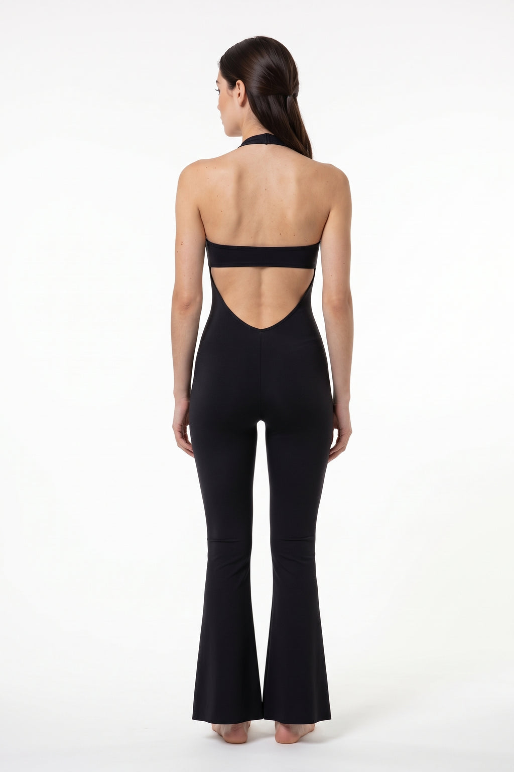 The Halter Lace Flare Jumpsuit in black, back view