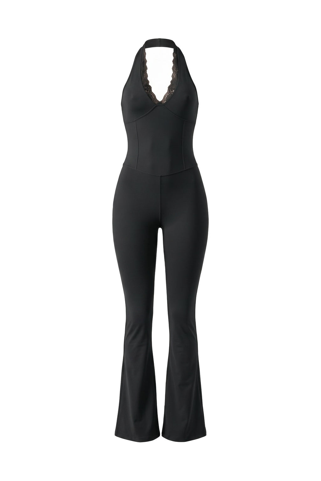 The Halter Lace Flare Jumpsuit in black, shown on an invisible form