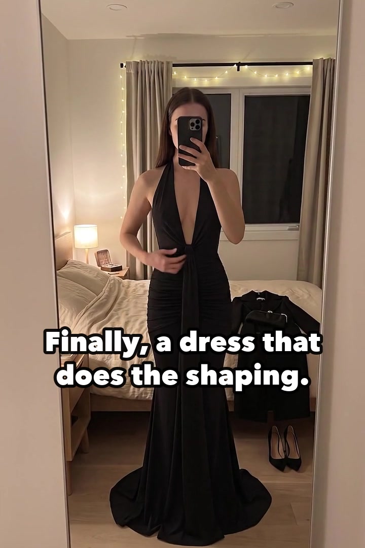 The Halter Mermaid Maxi Dress in black, mirror video: ruched from waist to hip