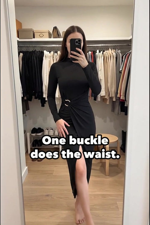 The Buckle Wrap Maxi Dress in black, mirror video: one buckle gathers the waist